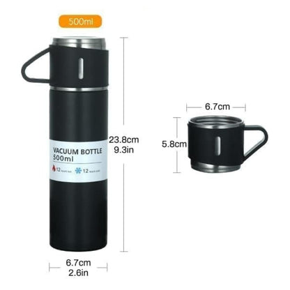 Vacuum Flask Set with 2 Cups, Insulated Double Wall Stainless Steel 500ml Tea Coffee Thermal Flask with 3 Cups, Hot and Cold Bottle, Corporate Gifts for Employees Christmas Gift