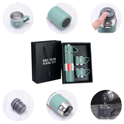 Vacuum Flask Set with 2 Cups, Insulated Double Wall Stainless Steel 500ml Tea Coffee Thermal Flask with 3 Cups, Hot and Cold Bottle, Corporate Gifts for Employees Christmas Gift