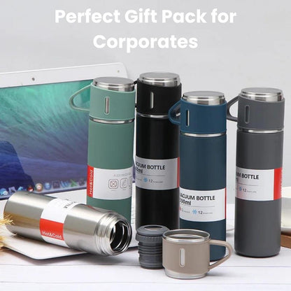 Vacuum Flask Set with 2 Cups, Insulated Double Wall Stainless Steel 500ml Tea Coffee Thermal Flask with 3 Cups, Hot and Cold Bottle, Corporate Gifts for Employees Christmas Gift