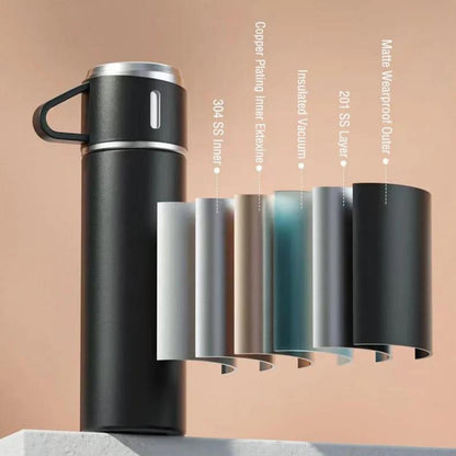 Vacuum Flask Set with 2 Cups, Insulated Double Wall Stainless Steel 500ml Tea Coffee Thermal Flask with 3 Cups, Hot and Cold Bottle, Corporate Gifts for Employees Christmas Gift