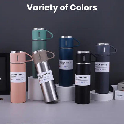 Vacuum Flask Set with 2 Cups, Insulated Double Wall Stainless Steel 500ml Tea Coffee Thermal Flask with 3 Cups, Hot and Cold Bottle, Corporate Gifts for Employees Christmas Gift