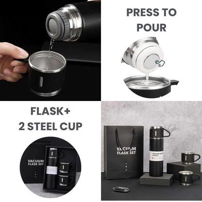 Vacuum Flask Set with 2 Cups, Insulated Double Wall Stainless Steel 500ml Tea Coffee Thermal Flask with 3 Cups, Hot and Cold Bottle, Corporate Gifts for Employees Christmas Gift